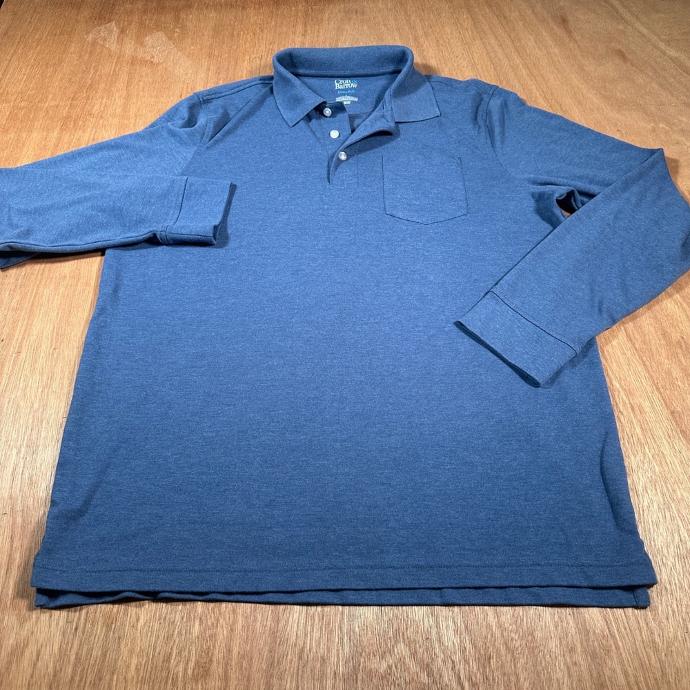 Croft & Barrow Polo Shirt Men L Blue Long Sleeve Pocket Extra Soft Heathered